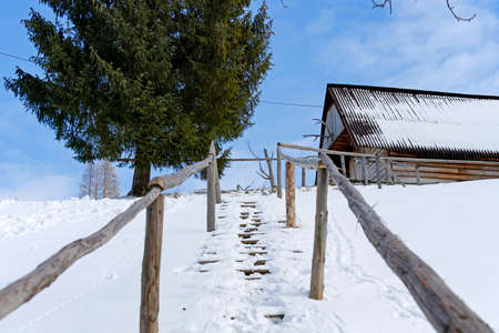 shepherd's wooden hut in the mountainsの写真素材