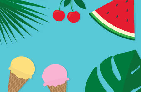 summer top view composition, palm leaves, watermelon, cherry fruit and ice cream with copy space vector illustrationのイラスト素材