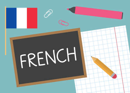 french written on chalkboard, concept of learning language, flat lay composition- vector illustrationのイラスト素材