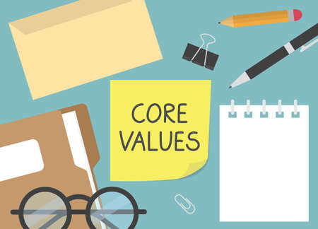 core values written on yellow sticky note- vector illustrationのイラスト素材