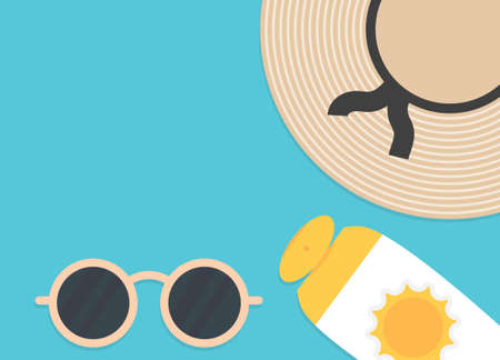 summer top view composition with copy space, straw hat, sun cream and sunglasses- vector...