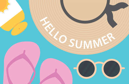 hello summer written on straw hat- vector illustrationのイラスト素材