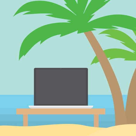 workation, working remotely on a laptop from tropical beach- vector illustrationのイラスト素材