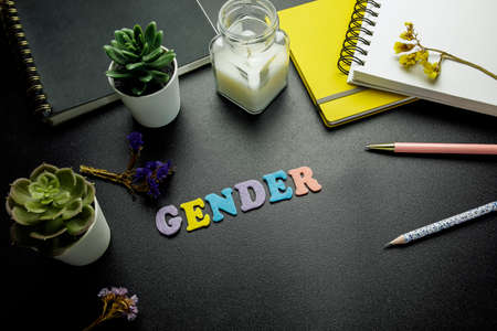 gender word made with colorful felt letters on dark backgroundの写真素材