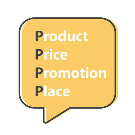 PPPP marketing mix; product, price, promotion, place written in speech bubble- vector illustrationのイラスト素材