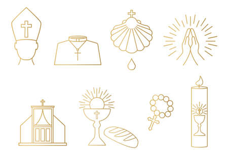 golden christianity, catholic church icon set; priest, baptism, prayer, confession, communion, rosary, holy candle - vector illustrationのイラスト素材
