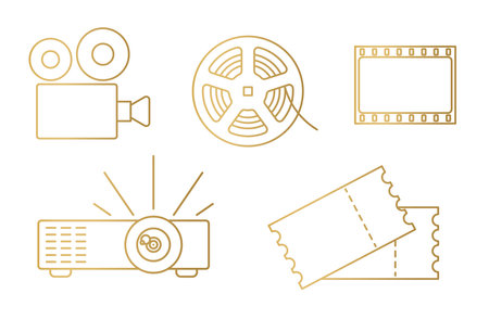 golden movie industry icons: camera, film reel and frame, projector, cinema tickets - vector illustrationのイラスト素材