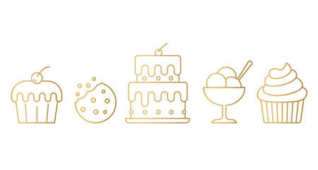 golden sweets icons: muffin, cookie, cake, ice cream, cupcake- vector illustrationのイラスト素材