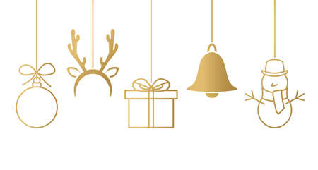 golden christmas elements: baubble, reindeer, gift, bell and snowman- vector illustrationのイラスト素材