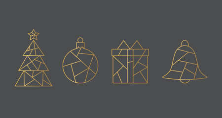 golden christmas elements: tree, baubble, gift and bell- vector illustrationのイラスト素材