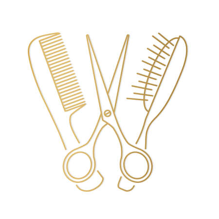 golden hair comb, brush and scissors icon - vector illustrationのイラスト素材