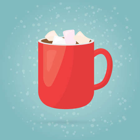 chocolate drink, cocoa cup with marshmallows over snowy pattern- vector illustrationのイラスト素材