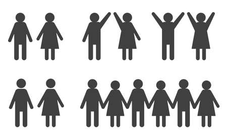 set of male and female silhouettes; pair, with hands up and in the row - vector illustrationのイラスト素材