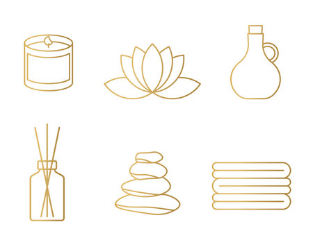 set of golden spa elements: scented candle, lotus flower, massage oil, oil diffuser, pebbles and towels- vector illustrationのイラスト素材