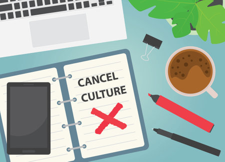 cancel culture written on in spiral notebook, flat lay desk composition- vector illustrationのイラスト素材