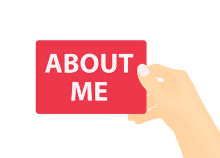 hand holding paper card with about me text - vector illustration