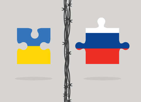 two puzzles with Ukraine and Russia flags separated by barbed wire - vector illustrationのイラスト素材
