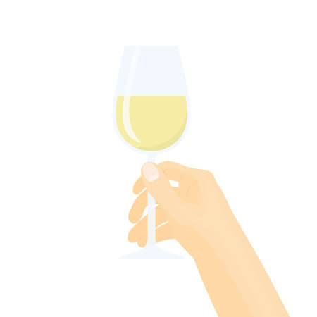 hand holding a glass of white wine, celebration, wine tasting- vector illustrationのイラスト素材