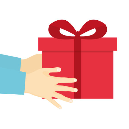 hands with red gift box with ribbon - vector illustrationのイラスト素材