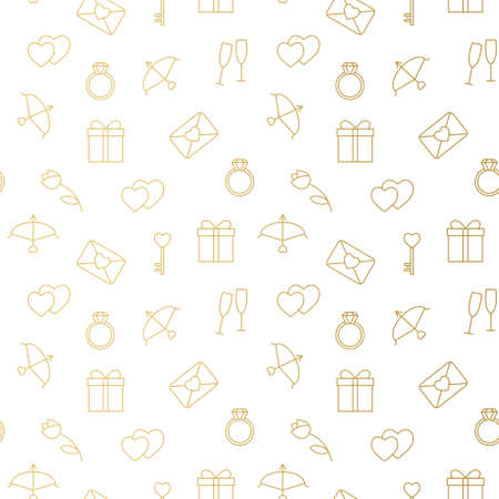 seamless golden pattern with Valentine's Day elements: love letter, diamond ring, key, Cupid's bow, gift, tulip flower, champagne glasses- vector illustrationのイラスト素材
