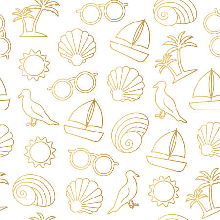 seamless summer pattern of sea shell, yacht, seagull, palm tree, eyeglasses and sun great for wrapping, textile, wallpaper, greeting cards- vector illustrationのイラスト素材