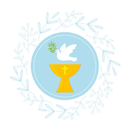 Baptism invitation design template with baptismal font, Holy Spirit symbol and floral wreath-vector illustrationのイラスト素材
