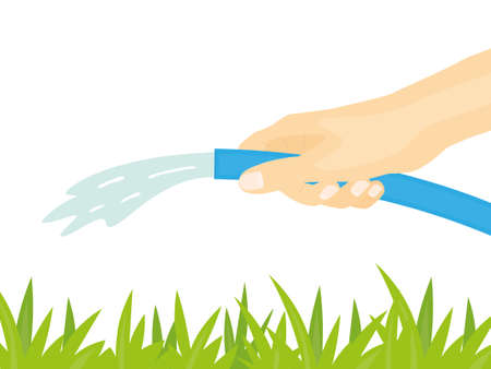 hand holding garden hose and watering lawn- vector illustrationのイラスト素材