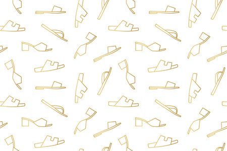 golden seamless pattern with flip flops, slippers, summer footwear outline icons- vector illustrationのイラスト素材