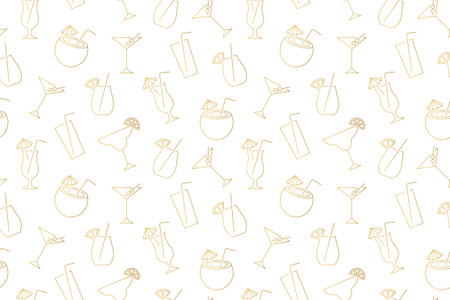 summer seamless golden pattern of beverage, cocktail,  juice, nonalcoholic drink with umbrella, straw, lemon and olives, great for wrapping, textile, wallpaper, greeting card- vector illustrationのイラスト素材