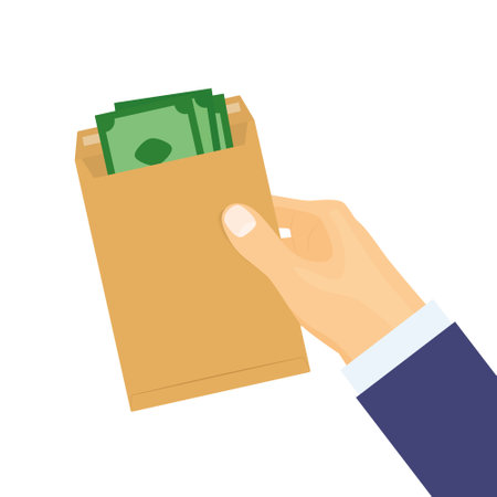 businessman holds envelope with money;, salary, savings, bribe, loan, wealth concept  - vector illustrationのイラスト素材