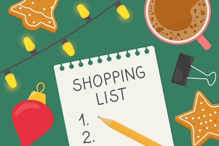 christmas shopping list written on a paper sheet with coffee, lights, bauble, gingerbread cookies, pencil- vector illustrationのイラスト素材