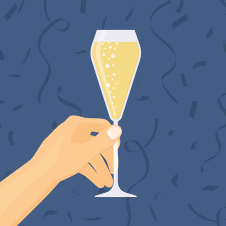 hand holds champagne glass, cheers, party, celebration of New Year's Eve- vector illustrationのイラスト素材