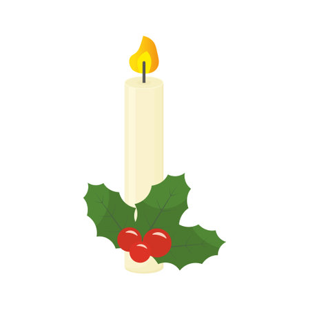advent, christmas candle with holly berry- vector illustrationのイラスト素材