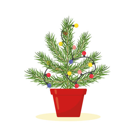 christmas tree in a pot with with glowing lights - vector illustrationのイラスト素材