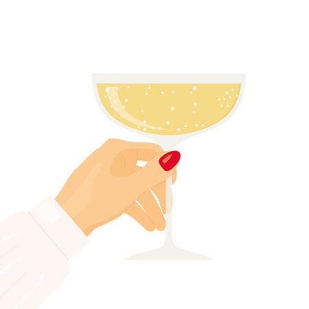 woman hand holds champagne glass, cheers, party, celebration of New Year's Eve- vector illustrationのイラスト素材