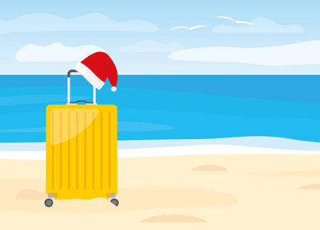 spending christmas, New Years Eve on the tropical beach, Santa hat on suitcase, winter holiday - vector illustrationのイラスト素材
