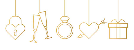 hanging love, Valentine's Day golden decorations: heart padlock, champagne glasses, diamond ring, cupid's heart and gift- vector illustrationのイラスト素材