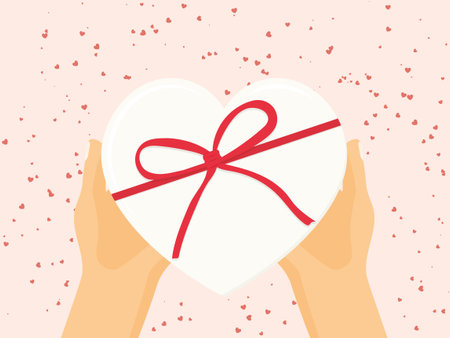 giving Valentine's Day gift, hands holding heart-shaped present box with ribbon- vector illustrationのイラスト素材