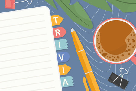 trivia word written office note stickers, top view composition with coffee cup, pen, office clips and green houseplant - vector illustrationのイラスト素材