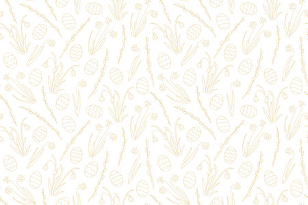 seamless Easter golden pattern with daffodils, snowdrops, willow catkins branches and eggs - vector illustrationのイラスト素材