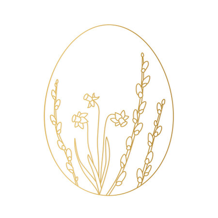 golden easter egg decorated with willow catkins branches and daffodil flower- vector illustrationのイラスト素材