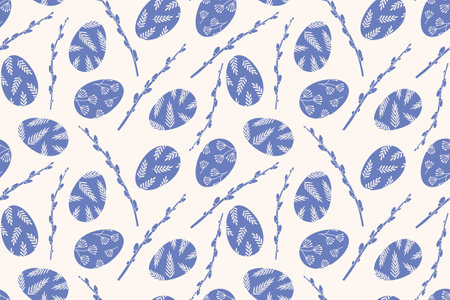 blue spring, Easter seamless pattern with catkins willow branches and eggs with floral patterns- vector illustrationのイラスト素材
