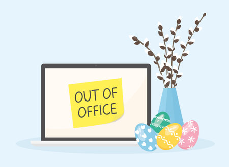 auto responder out of office written on a laptop screen; spring, easter vacation concept - vector illustrationのイラスト素材