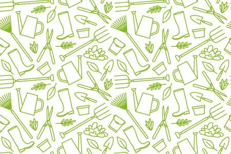 green seamless pattern with gardening tools- vector illustrationのイラスト素材