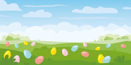 spring meadow landscape with colorful easter eggs, tradition of egg hunt concept- vector illustrationのイラスト素材