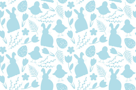 easter seamless pattern with rabbits, baby chickens and floral elements - vector illustrationのイラスト素材