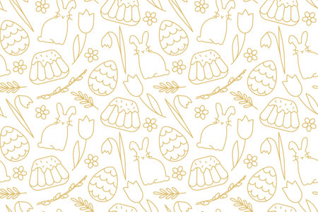 seamless Easter golden pattern with bunnies, tulips, snowdrops, willow catkins branches, cakes and eggs - vector illustrationのイラスト素材