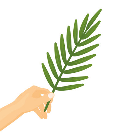 hand holding palm leaf, symbol of Palm Sunday, Holy Week, Easter- vector illustrationのイラスト素材