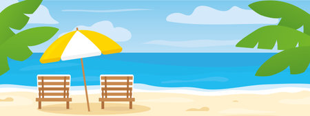 summer banner with sunbeds, umbrella and palm leaves on the tropical beach - vector illustrationのイラスト素材