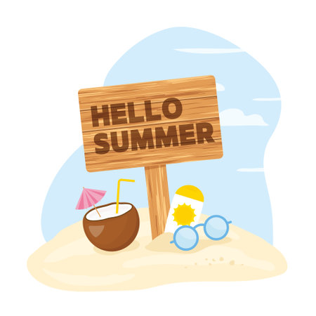 hello summer concept, wooden sign post on sandy beach and coconut cocktail, sunglasses, sun cream- vector illustrationのイラスト素材